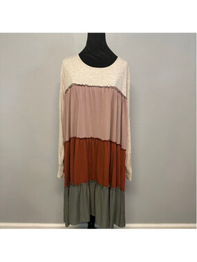 CHICSOUL Long Sleeve Tiered Midi Dress size 2X Beige Brown green color block